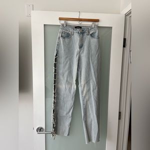 GORGEOUS jeans with crystal embellishments from thighs to bottom raw hem